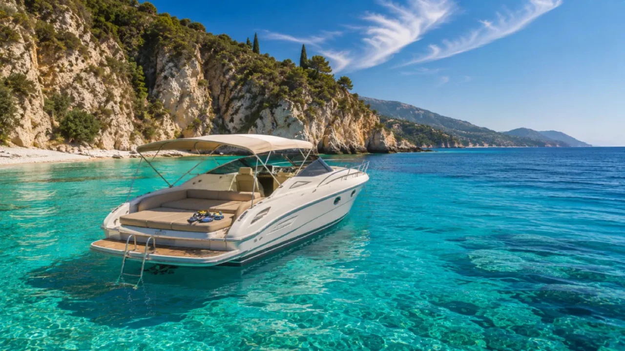 A private boat at anchor in a turquoise bay