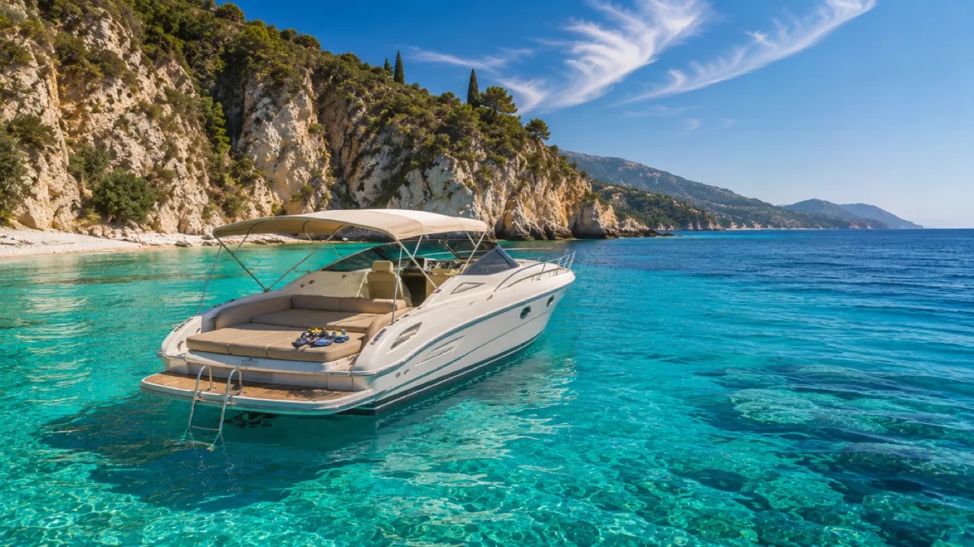 A private boat at anchor in a turquoise bay