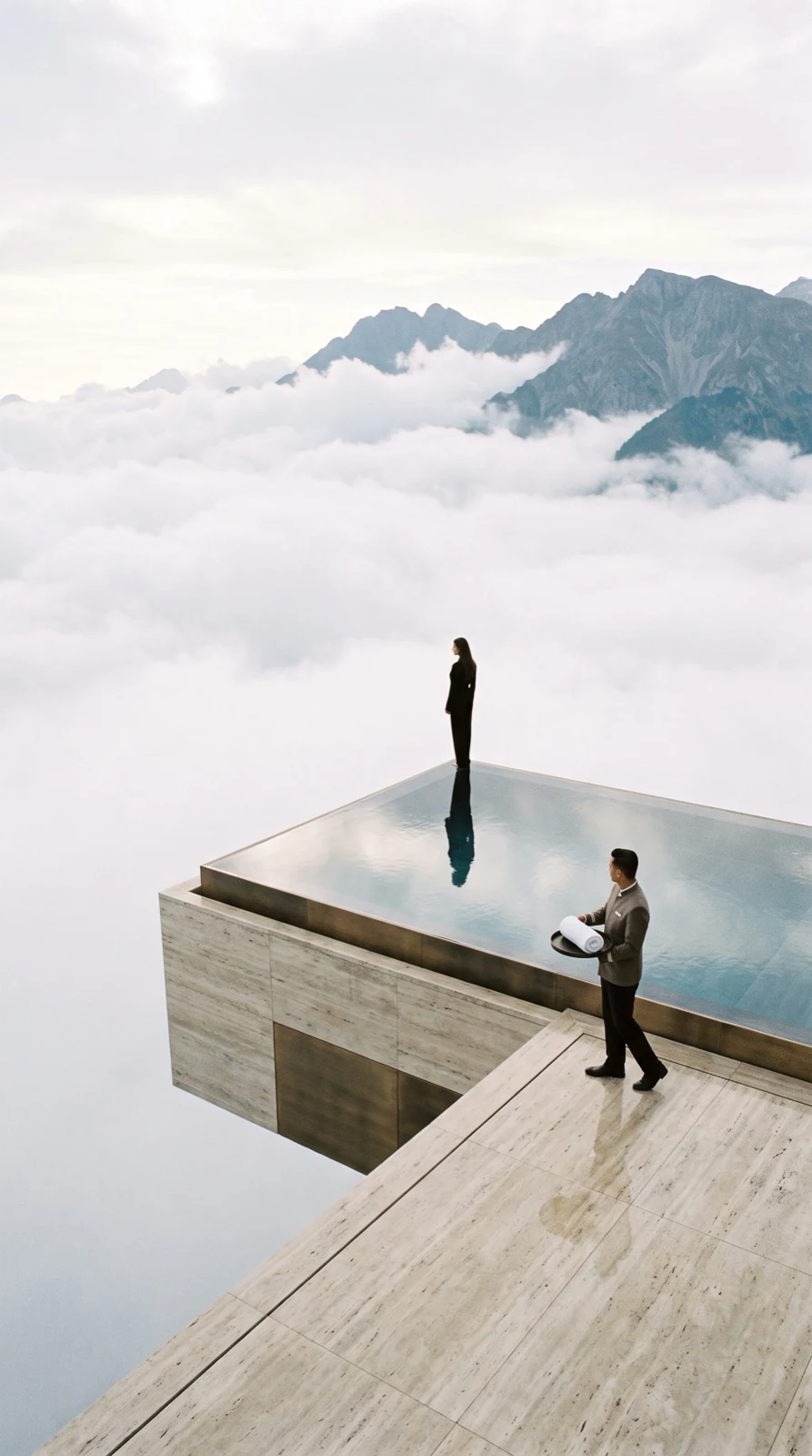 Butler serving at an infinity pool above the clouds, high in the mountains