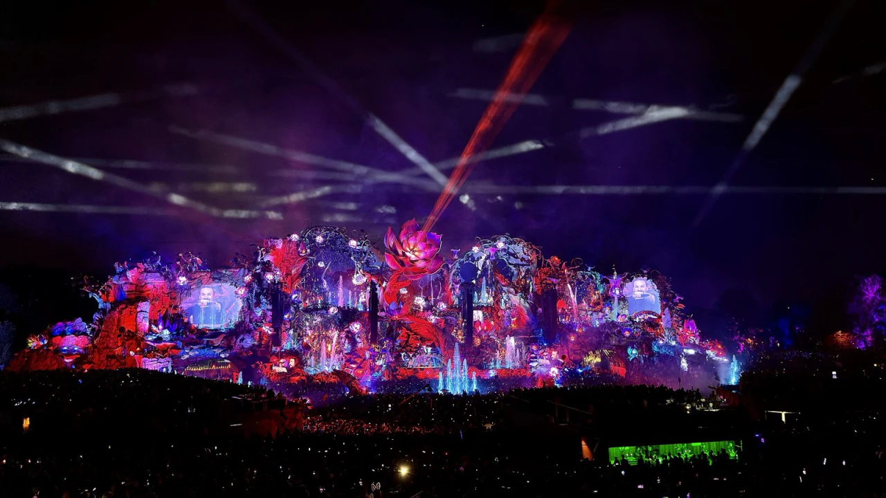 Tomorrowland's main stage lit up at night