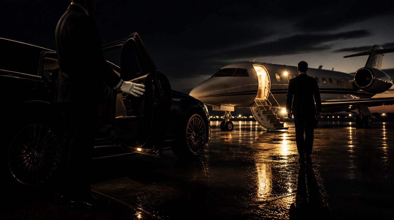 A chauffeur holds the car door as a member walks across a night tarmac to a waiting private jet